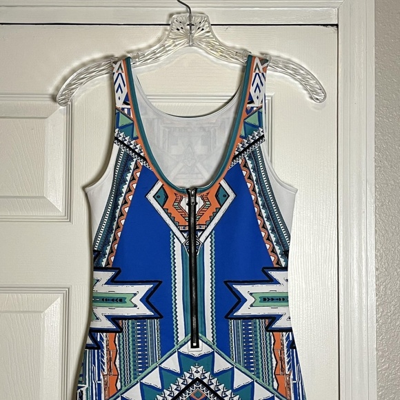 Peach Puff Dress Womens Small Blue Green Aztec Sleeveless Bodycon Geometric Mini - Picture 8 of 14